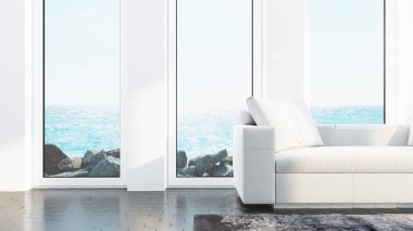 Modern tasarım oturma odası, deniz manzaralı. 3d oluşturma
