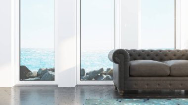 Modern tasarım oturma odası, deniz manzaralı. 3d oluşturma