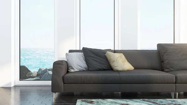 Design moderno sala de estar interior com vista para o mar. Renderização 3D — Fotografia de Stock