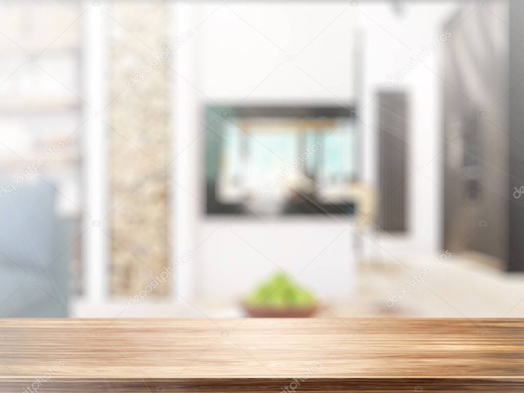 Table on defocuced interior background. 3D rendering