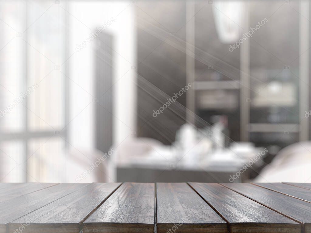 Table on defocuced interior background. 3D rendering