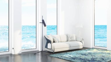 Modern tasarım oturma odası. Güzel manzarası var. 3d oluşturma