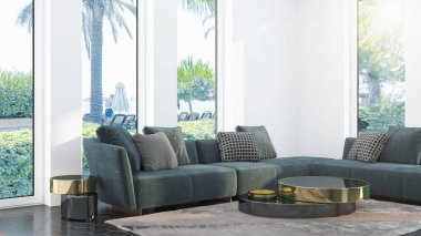 Modern tasarım oturma odası. Güzel manzarası var. 3d oluşturma