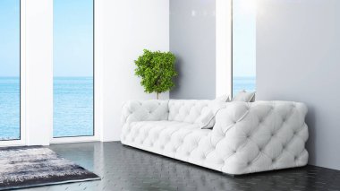 Modern tasarım oturma odası. Güzel manzarası var. 3d oluşturma