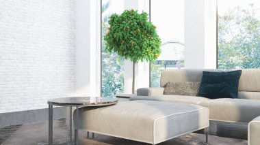 Modern tasarım oturma odası. Güzel manzarası var. 3d oluşturma