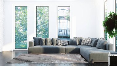 Modern tasarım oturma odası. Güzel manzarası var. 3d oluşturma