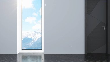 Modern tasarım oturma odası. Güzel manzarası var. 3d oluşturma