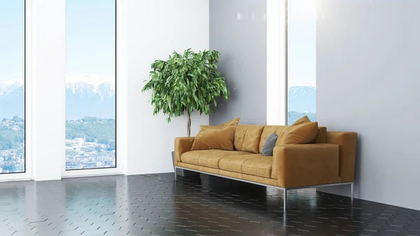 Design moderno sala de estar interior com bela vista. Renderização 3D — Fotografia de Stock