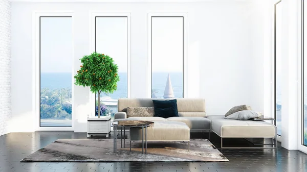 Design moderne salon intérieur avec belle vue. rendu 3D — Photo