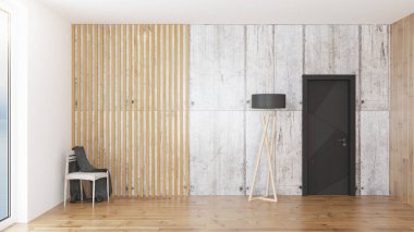 Modern tasarım oturma odası. Güzel manzarası var. 3d oluşturma