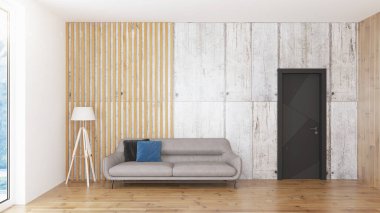 Modern tasarım oturma odası. Güzel manzarası var. 3d oluşturma