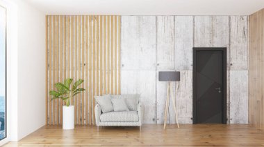 Modern tasarım oturma odası. Güzel manzarası var. 3d oluşturma