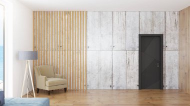 Modern tasarım oturma odası. Güzel manzarası var. 3d oluşturma