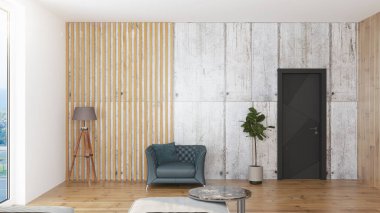 Modern tasarım oturma odası. Güzel manzarası var. 3d oluşturma