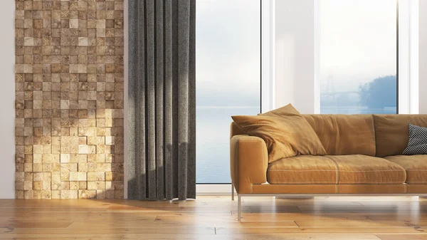 Design moderno sala de estar interior com bela vista. Renderização 3D — Fotografia de Stock