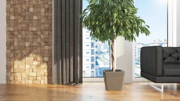Modern design nappali belső, gyönyörű kilátással. 3D-s renderelés — Stock Fotó