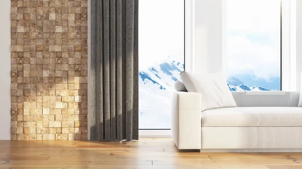 Modern design nappali belső, gyönyörű kilátással. 3D-s renderelés — Stock Fotó