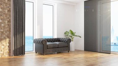 Modern tasarım oturma odası. Güzel manzarası var. 3d oluşturma