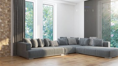 Modern tasarım oturma odası. Güzel manzarası var. 3d oluşturma