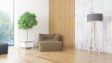 Modern tasarım oturma odası. Güzel manzarası var. 3d oluşturma