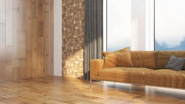 Modern tasarım oturma odası. Güzel manzarası var. 3d oluşturma