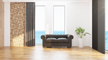 Modern tasarım oturma odası. Güzel manzarası var. 3d oluşturma