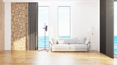 Modern tasarım oturma odası. Güzel manzarası var. 3d oluşturma