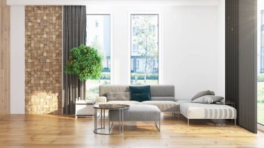 Modern tasarım oturma odası. Güzel manzarası var. 3d oluşturma