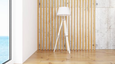 Modern tasarım oturma odası. Güzel manzarası var. 3d oluşturma