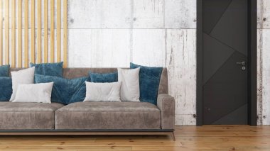 Modern tasarım oturma odası. Güzel manzarası var. 3d oluşturma