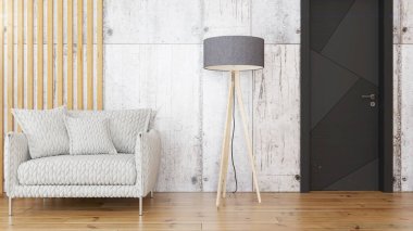 Modern tasarım oturma odası. Güzel manzarası var. 3d oluşturma