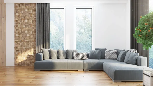 Modern design woonkamer interieur met prachtig uitzicht. 3d destructie — Stockfoto