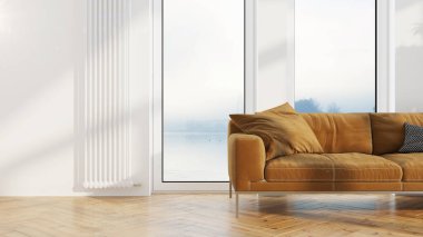 Modern tasarım oturma odası. Güzel manzarası var. 3d oluşturma