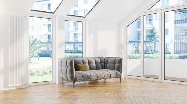 Modern tasarım oturma odası. Güzel manzarası var. 3d oluşturma