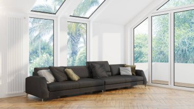 Modern tasarım oturma odası. Güzel manzarası var. 3d oluşturma