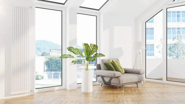 Modern design nappali belső, gyönyörű kilátással. 3D-s renderelés — Stock Fotó