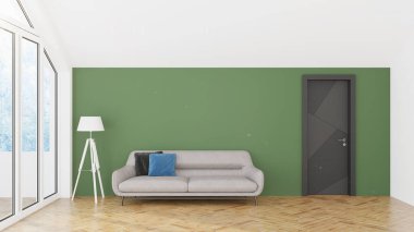 Modern tasarım oturma odası. Güzel manzarası var. 3d oluşturma