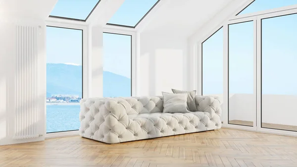 Design moderno sala de estar interior com bela vista. Renderização 3D — Fotografia de Stock