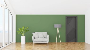 Modern tasarım oturma odası. Güzel manzarası var. 3d oluşturma