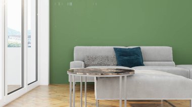 Modern tasarım oturma odası. Güzel manzarası var. 3d oluşturma