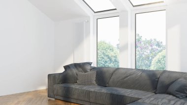 Modern tasarım oturma odası. Güzel manzarası var. 3d oluşturma