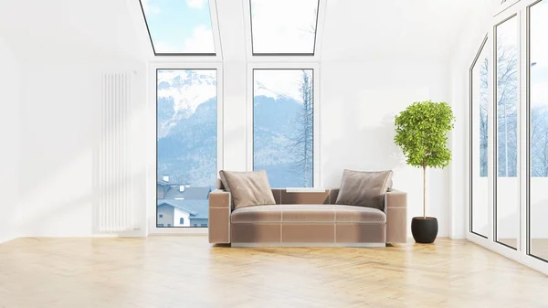 Modernes Design Wohnzimmer Interieur mit schöner Aussicht. 3D-Darstellung — Stockfoto