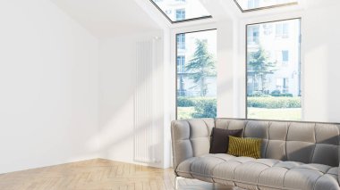 Modern tasarım oturma odası. Güzel manzarası var. 3d oluşturma