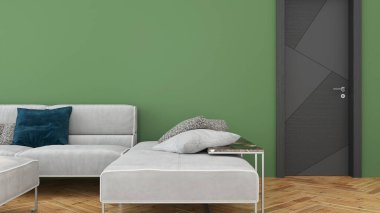 Modern tasarım oturma odası. Güzel manzarası var. 3d oluşturma