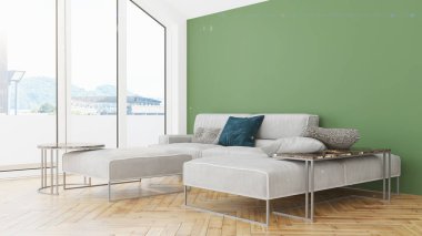Modern tasarım oturma odası. Güzel manzarası var. 3d oluşturma