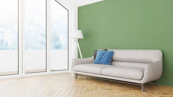 Desain modern interior ruang tamu dengan pemandangan yang indah. Perender 3D — Stok Foto