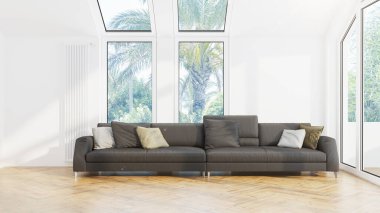Modern tasarım oturma odası. Güzel manzarası var. 3d oluşturma