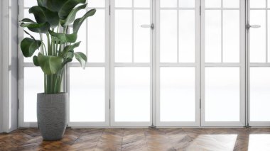 Modern tasarım oturma odası. Güzel manzarası var. 3d oluşturma