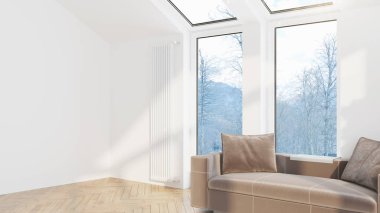 Modern tasarım oturma odası. Güzel manzarası var. 3d oluşturma