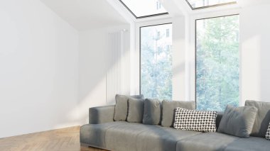 Modern tasarım oturma odası. Güzel manzarası var. 3d oluşturma